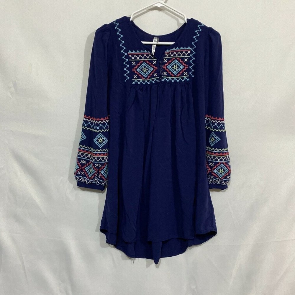 Mollo Rello Womens Blue Long Sleeves Casual Split Neck Tunic Blouse Top Size M
